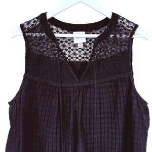 Black Lace Yoke V Neck Sleeveless‎ Tank Top Women Size L Witchy Goth Dark Fairy